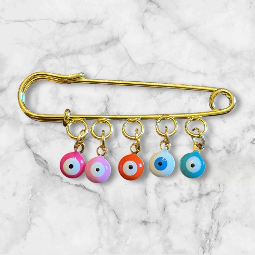 Gold Evil Eye Safety Pin Brooch with Multicolor Charms